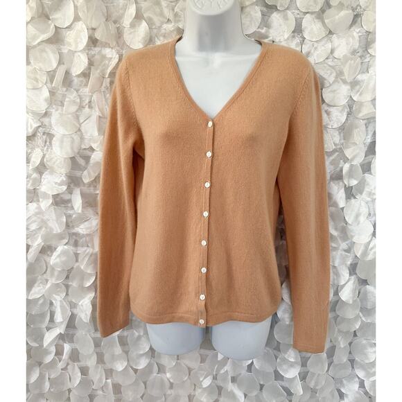 Vintage 90’s 100% Cashmere Apricot Womans Medium Cardigan Sweater 2 Ply - Picture 1 of 6